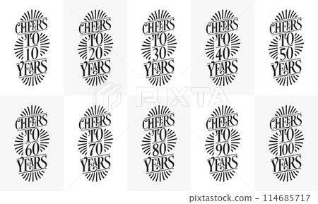 Typography Birthday quote design bundle. Set of 10 Calligraphy Birthday lettering design. Cheers to 10, 18, 20, 30, 40, 50, 60, 70, 80, 90, 100 years. Typography Birthday quote design bundle. Set of 10 Calligraphy Birthday lettering design. Cheers to 10, 18, 20, 30, 40, 50, 60, 70, 80, 90, 100 years. 114685717