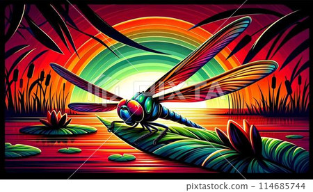 蜻蜓在夕陽下閃閃發光的插圖 114685744
