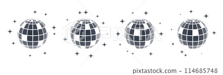 Disco ball vector in 3d style isolated on white background. Vector 3d disco ball background with stars and glitter. Music dance illustration. 114685748