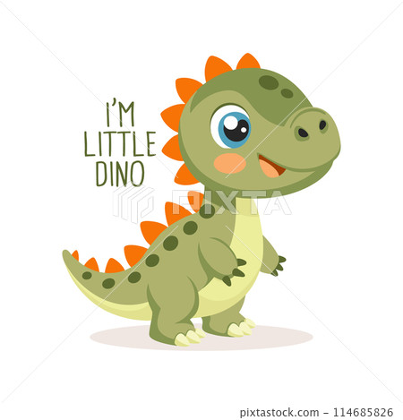 Cute  baby dinosaur on a white background with lettering. Design for greeting cards, invitations, print on clothes. Vector 114685826