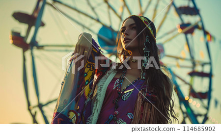 model in a bohemian outfit, standing in front of a Ferris wheel at a summer music festival 114685902