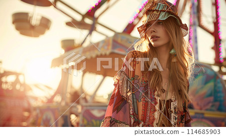 model in a bohemian outfit, standing in front of a Ferris wheel at a summer music festival 114685903