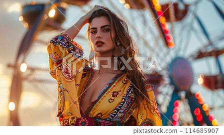 model in a bohemian outfit, standing in front of a Ferris wheel at a summer music festival 114685907