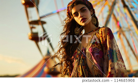 model in a bohemian outfit, standing in front of a Ferris wheel at a summer music festival 114685908