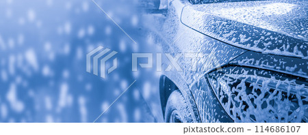 car cleaning and washing with foam soap background car cleaning and washing with foam soap background 114686107