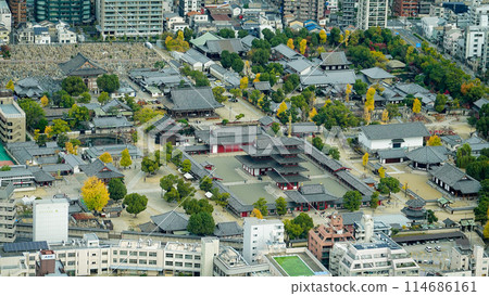Osaka, Shitennoji Temple in autumn from the sky, 1623 114686161