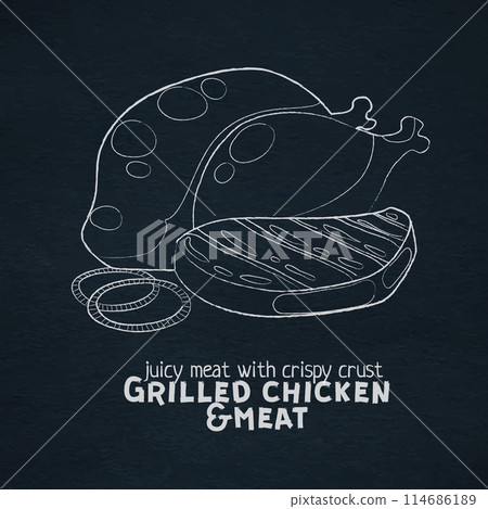 Grilled chicken and meat illustration. Outline vector icon. Linear art white chalk on black desk 114686189