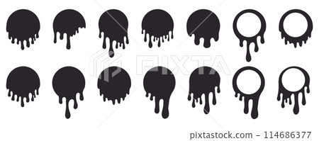 Melt drip circle silhouette paint round splash with drops, liquid shape, stain isolated on white background. Collection of Flowing fluid, slime or cream. 114686377