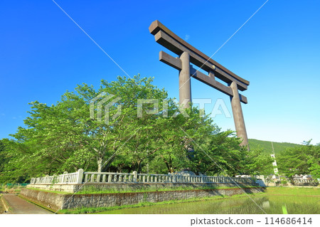 [Wakayama Prefecture] The great torii gate of Oyunohara on a clear day (Kumano Hongu Taisha Shrine) 114686414