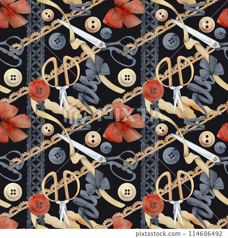 Hand drawn watercolor illustration sewing craft supplies. Fabric scissors snaps, wooden buttons ribbon lace, indigo beige red. Seamless pattern isolated dark background. Atelier, tailor, hobby shop Hand drawn watercolor illustration sewing craft supplies. Fabric scissors snaps, wooden buttons ribbon lace, indigo beige red. Seamless pattern isolated dark background. Atelier, tailor, hobby shop 114686492