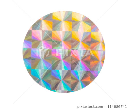 Blank round adhesive holographic foil sticker label isolated on white background Blank round adhesive holographic foil sticker label isolated on white background 114686741