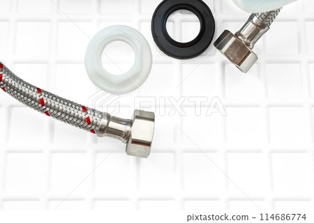 Plumbing. Flexible metal steel faucet hoses, flush mechanism, siphon fittings 114686774