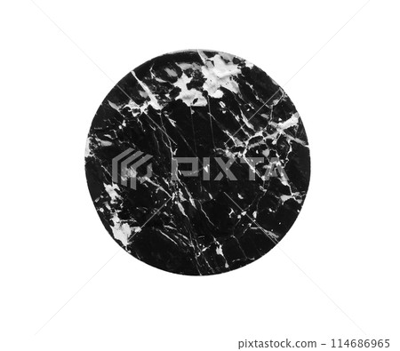 Black old scratched round paper sticker isolated on white background Black old scratched round paper sticker isolated on white background 114686965
