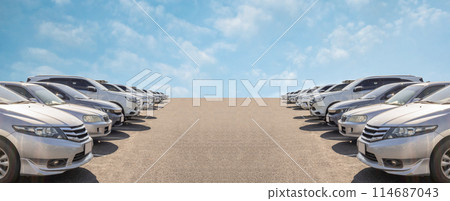 Lot of used car for sales in stock with sky and clouds Lot of used car for sales in stock with sky and clouds 114687043