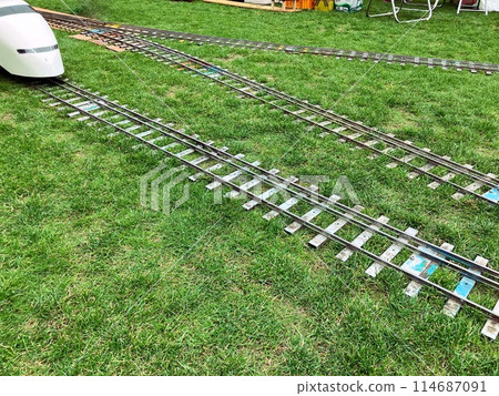 Mini train tracks on the grass 114687091