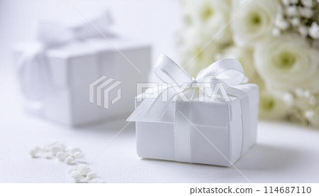 Bouquet of pure white roses and gift box 8 114687110