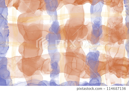 Summer/Fall alcohol ink art abstract banner. Orange, purple and yellow rough check pattern on white background Summer/Fall alcohol ink art abstract banner. Orange, purple and yellow rough check pattern on white background 114687136