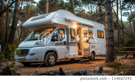 Cozy RV parked in a forest at dusk, with lights on and tranquil surroundings 114687243