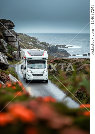 Camper van driving on a coastal road with ocean views and blooming flowers on a cloudy day 114687245