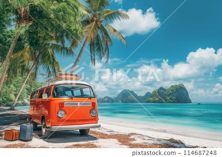 Vintage orange van parked on a tropical beach with palm trees and clear blue ocean in the background 114687248