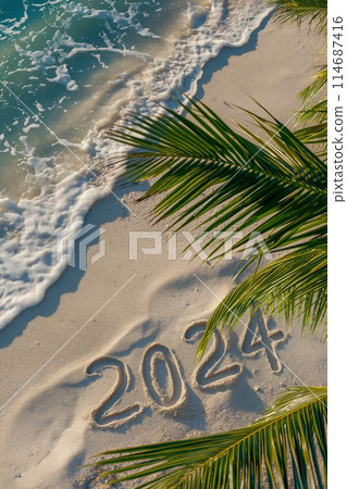 2024 etched in sand with a palm frond beside it as gentle waves wash ashore on a sunny beach 114687416