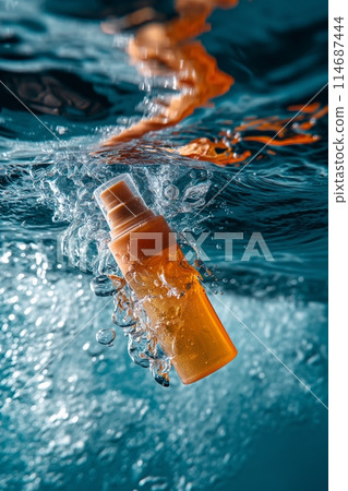 Vivid orange bottle cascading through water, creating sparkling ripples and bubbles 114687444