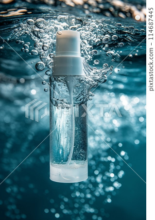 Transparent spray bottle with liquid, gracefully floating amid a flurry of bubbles in blue water 114687445