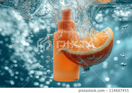 Orange spray bottle and citrus slice submerged in water, surrounded by lively bubbles 114687455