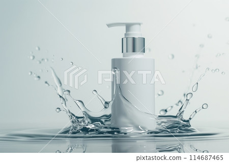 White dispenser bottle with splashing water droplets on a reflective surface 114687465