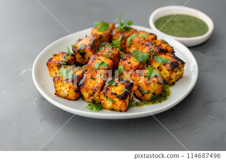 Char grilled paneer cubes with cilantro on a grey table, paired with a vibrant green sauce 114687496