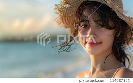 Young woman walking on the beach at resort 114687535