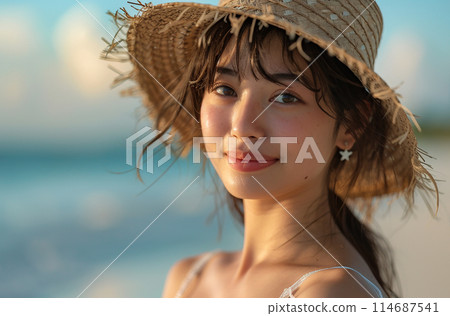 年輕女子在度假村海灘上散步 年輕女子在度假村海灘上散步 114687541