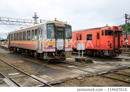 Kiha 120 and Kiha 47 diesel railcars lined up at a rail depot (JR West) Kiha 120 and Kiha 47 diesel railcars lined up at a rail depot (JR West) 114687618