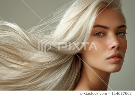 Portrait of a young woman with flowing, silky blonde hair and striking blue eyes 114687662