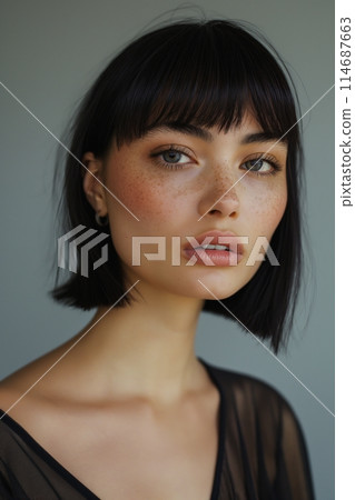 Chic young woman with short bob, freckles, and intense gaze against a grey backdrop 114687663