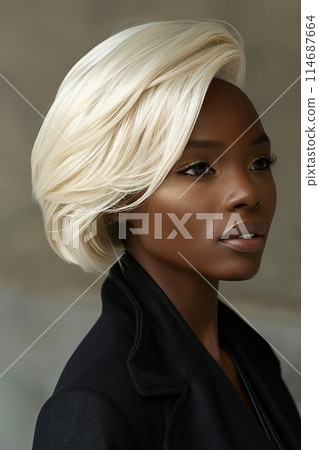 Profile of a woman with chic short platinum hair wearing dark blazer and looking away thoughtfully Profile of a woman with chic short platinum hair wearing dark blazer and looking away thoughtfully 114687664