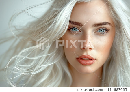 Close up of a caucasian woman with windswept total blond hair 114687665