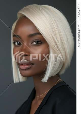 Elegant portrait of a woman with sleek platinum bob and serene expression against a gray background 114687688