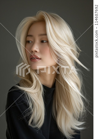 Graceful Asian woman with long wavy blonde hair, looking away thoughtfully 114687692
