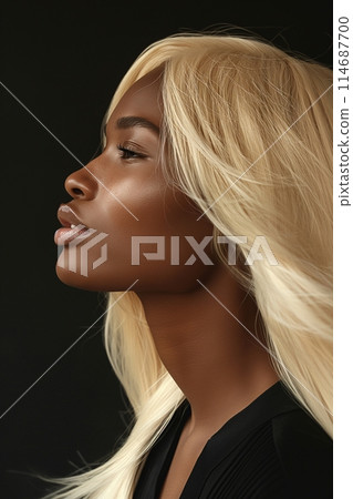 Dramatic side profile of a woman with long flowing platinum hair, set against a dark background 114687700