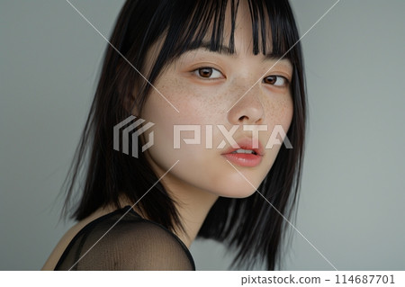Asian woman with a thoughtful expression, short black hair and pink lips against a grey background Asian woman with a thoughtful expression, short black hair and pink lips against a grey background 114687701
