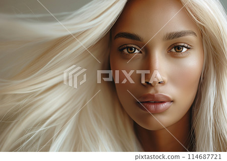 Close up of a woman with flowing platinum hair and piercing hazel eyes, looking directly at the viewer Close up of a woman with flowing platinum hair and piercing hazel eyes, looking directly at the viewer 114687721