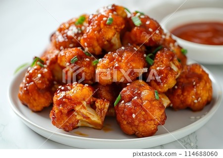 Glazed spicy cauliflower florets garnished with sesame and spring onion on a white plate 114688060