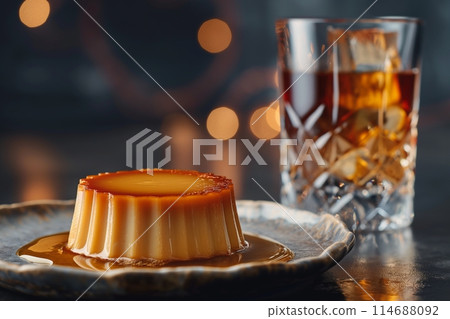Caramel flan with glistening syrup and whisky on the side 114688092
