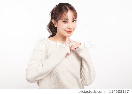 Beautiful young asian woman with clean fresh skin on white background, Face care, Facial treatment, Cosmetology, beauty and spa, Asian women portrait. Beautiful young asian woman with clean fresh skin on white background, Face care, Facial treatment, Cosmetology, beauty and spa, Asian women portrait. 114688157