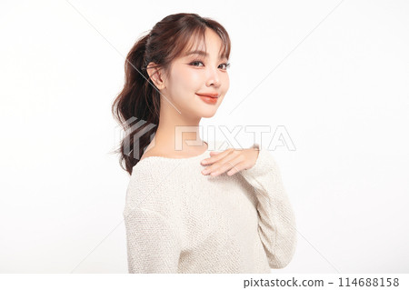 Beautiful young asian woman with clean fresh skin on white background, Face care, Facial treatment, Cosmetology, beauty and spa, Asian women portrait. 114688158