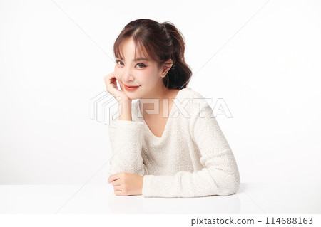 Beautiful young asian woman with clean fresh skin on white background, Face care, Facial treatment, Cosmetology, beauty and spa, Asian women portrait. Beautiful young asian woman with clean fresh skin on white background, Face care, Facial treatment, Cosmetology, beauty and spa, Asian women portrait. 114688163