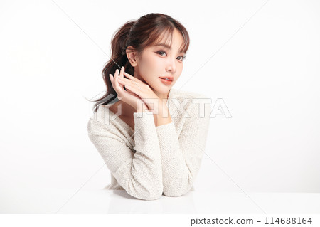 Beautiful young asian woman with clean fresh skin on white background, Face care, Facial treatment, Cosmetology, beauty and spa, Asian women portrait. 114688164