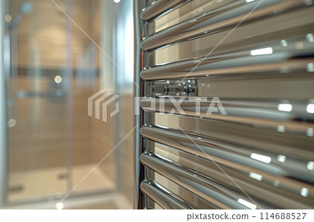 Modern chrome heated towel rack in a bathroom, with a soft focus on the shower in the background 114688527