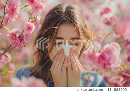 Young woman with a tissue in a blooming pink sakura garden 114688593